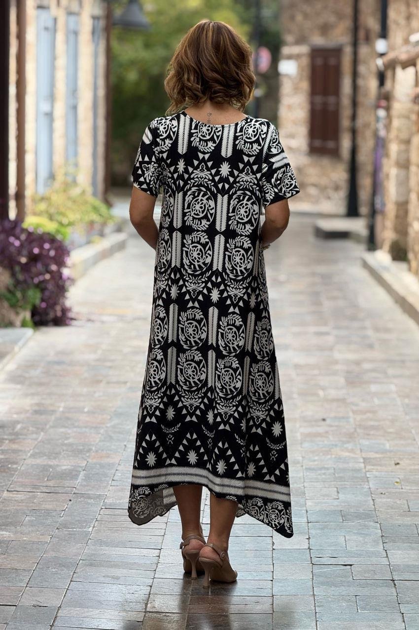 Siyah Etnik Desen Verev Kesim Elbise