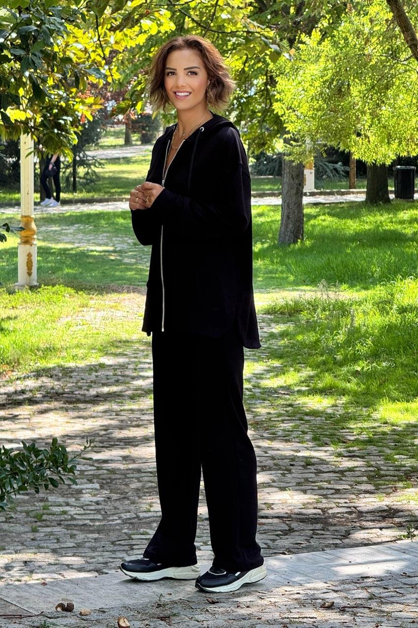 Siyah Fermuarlı Organik Pamuk Eşofman Takımı