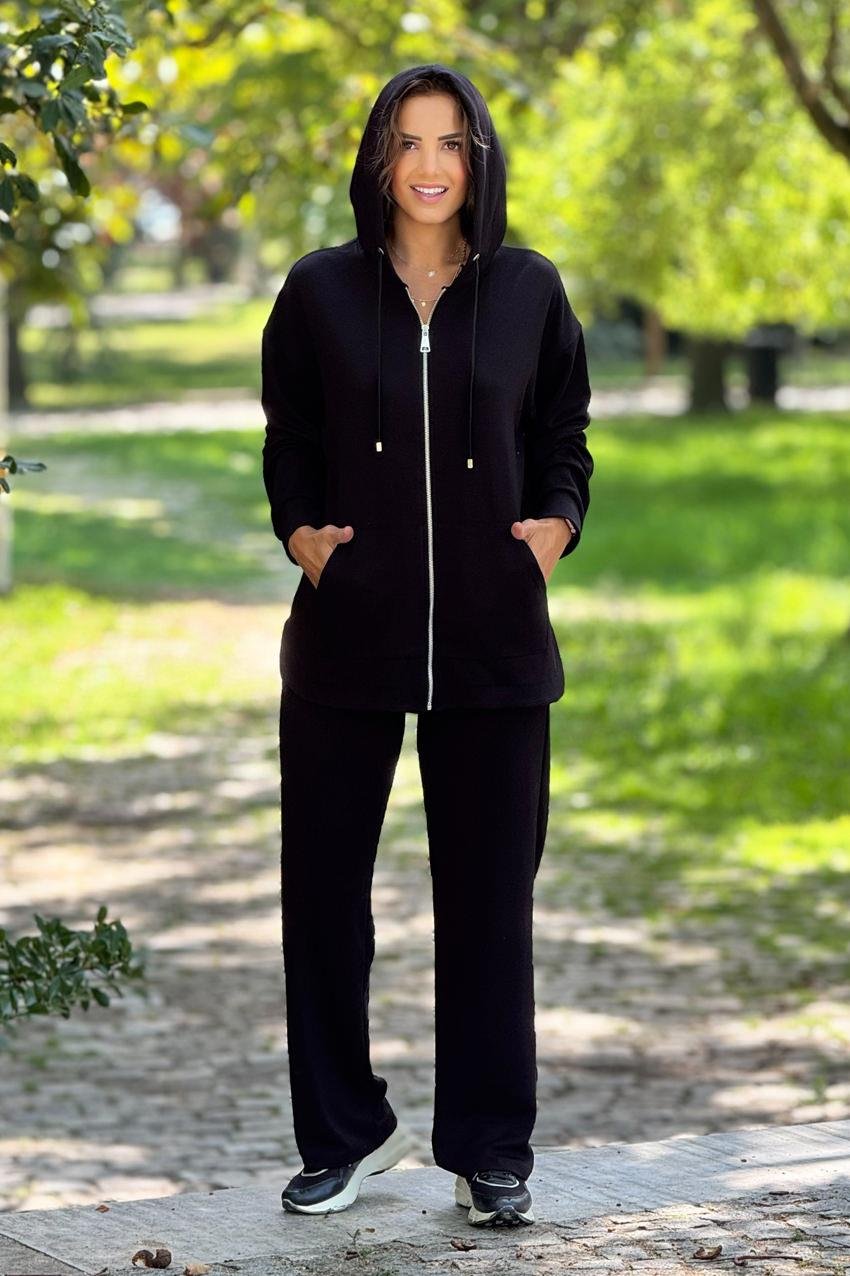 Siyah Fermuarlı Organik Pamuk Eşofman Takımı