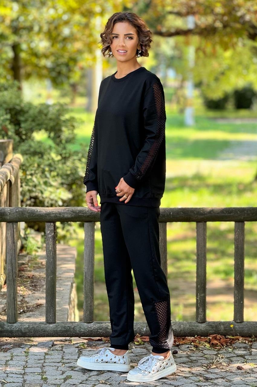 Siyah File Detaylı %100 Pamuk Eşofman Takım