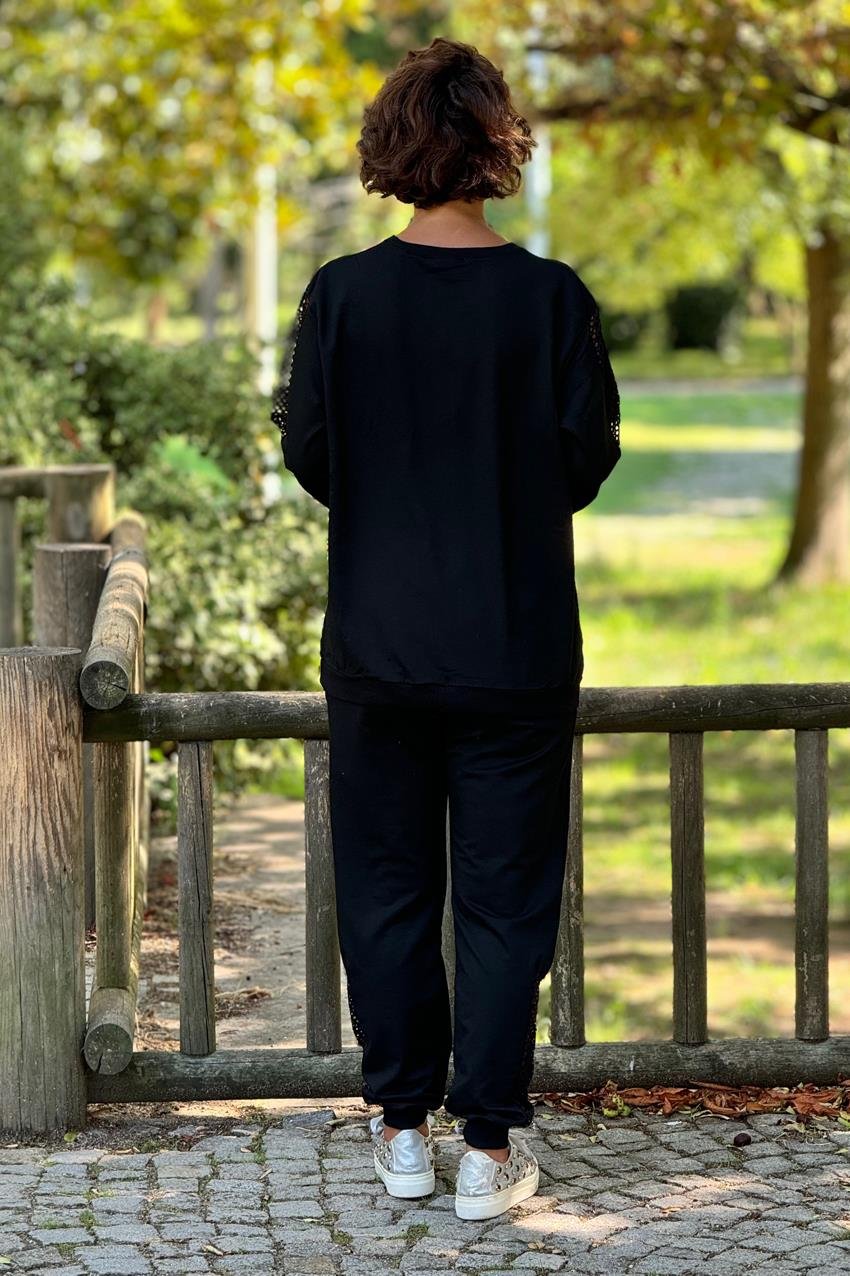 Siyah File Detaylı %100 Pamuk Eşofman Takım