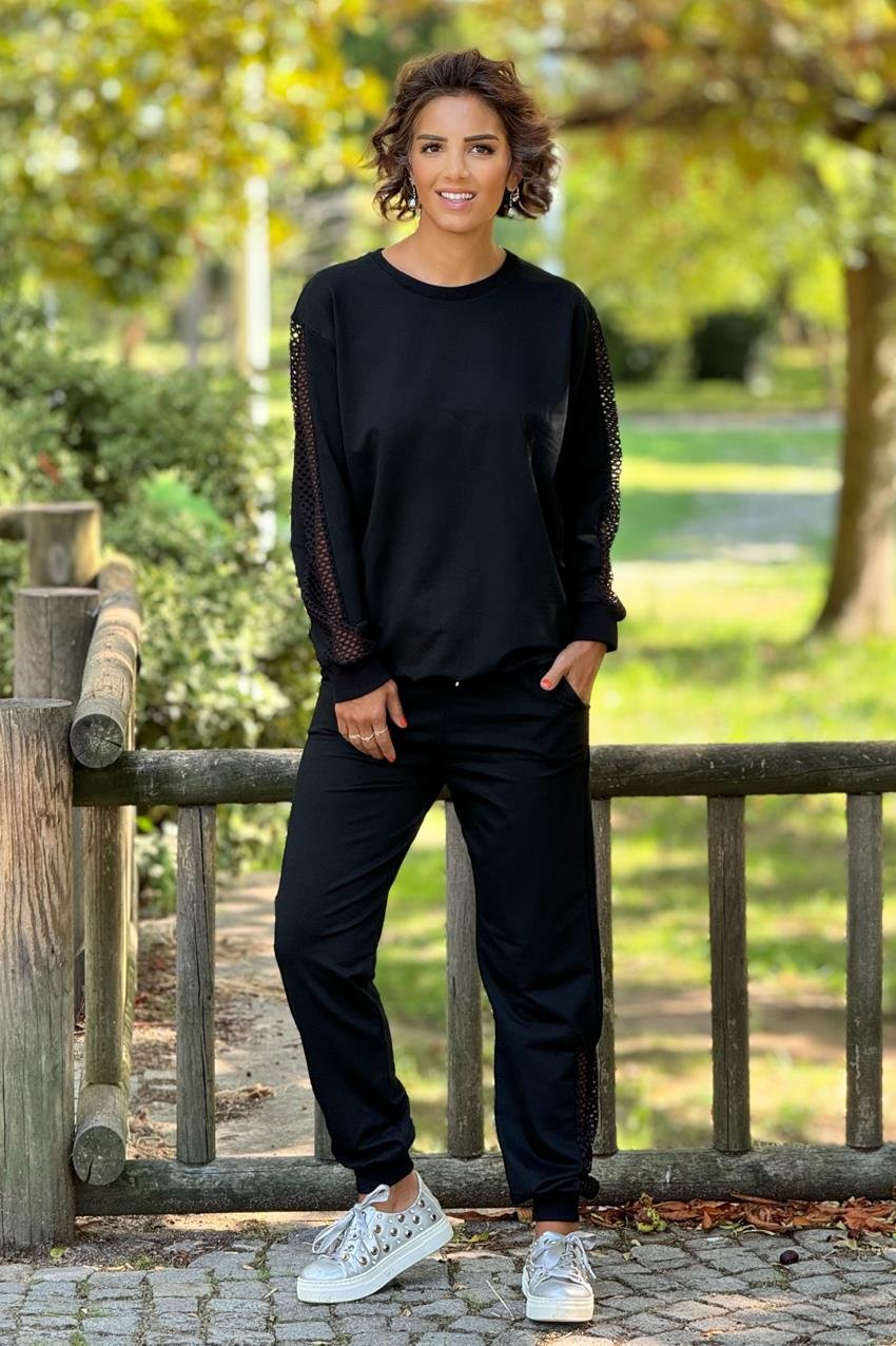 Siyah File Detaylı %100 Pamuk Eşofman Takım