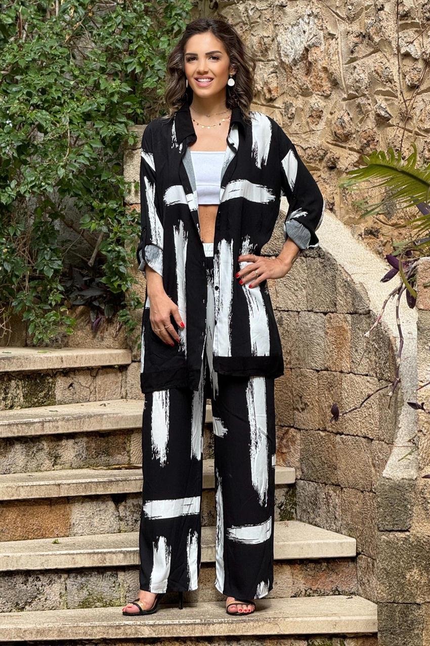 Siyah Fırça Boya Desenli %100 Pamuk Pantolon Gömlek İkili Takım