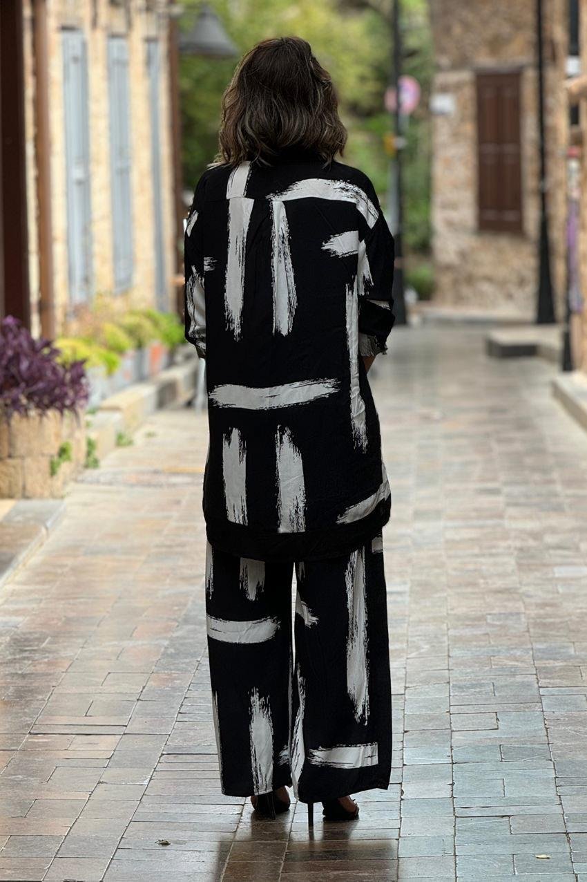 Siyah Fırça Boya Desenli %100 Pamuk Pantolon Gömlek İkili Takım