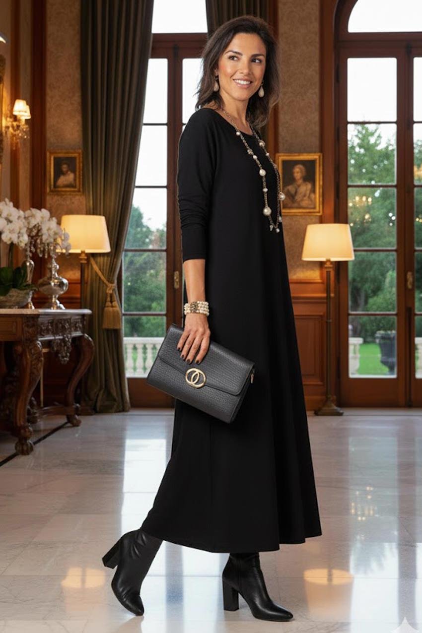 Siyah Gizli Cepli İnce Gösteren Tok Penye Elbise