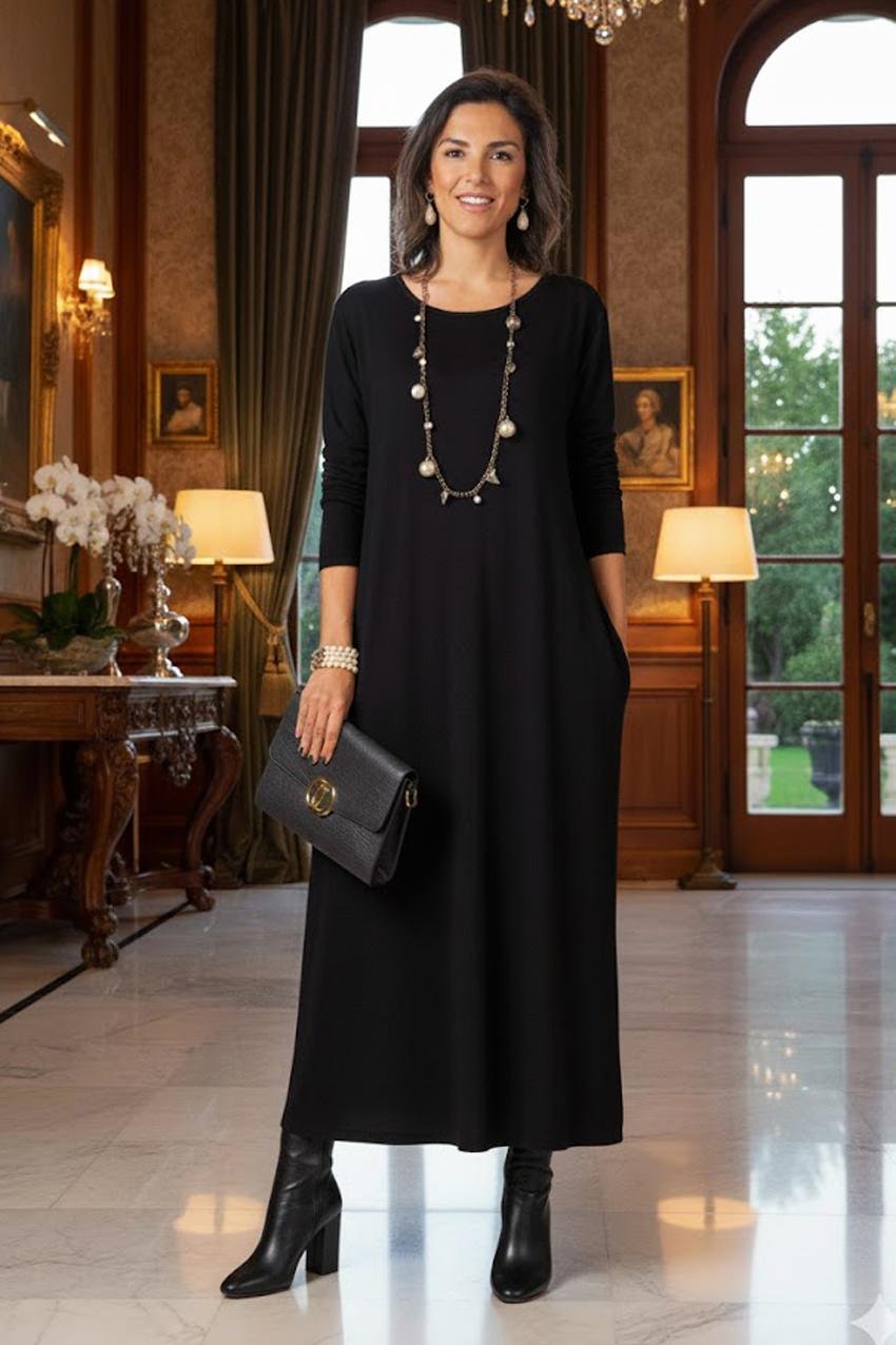 Siyah Gizli Cepli İnce Gösteren Tok Penye Elbise