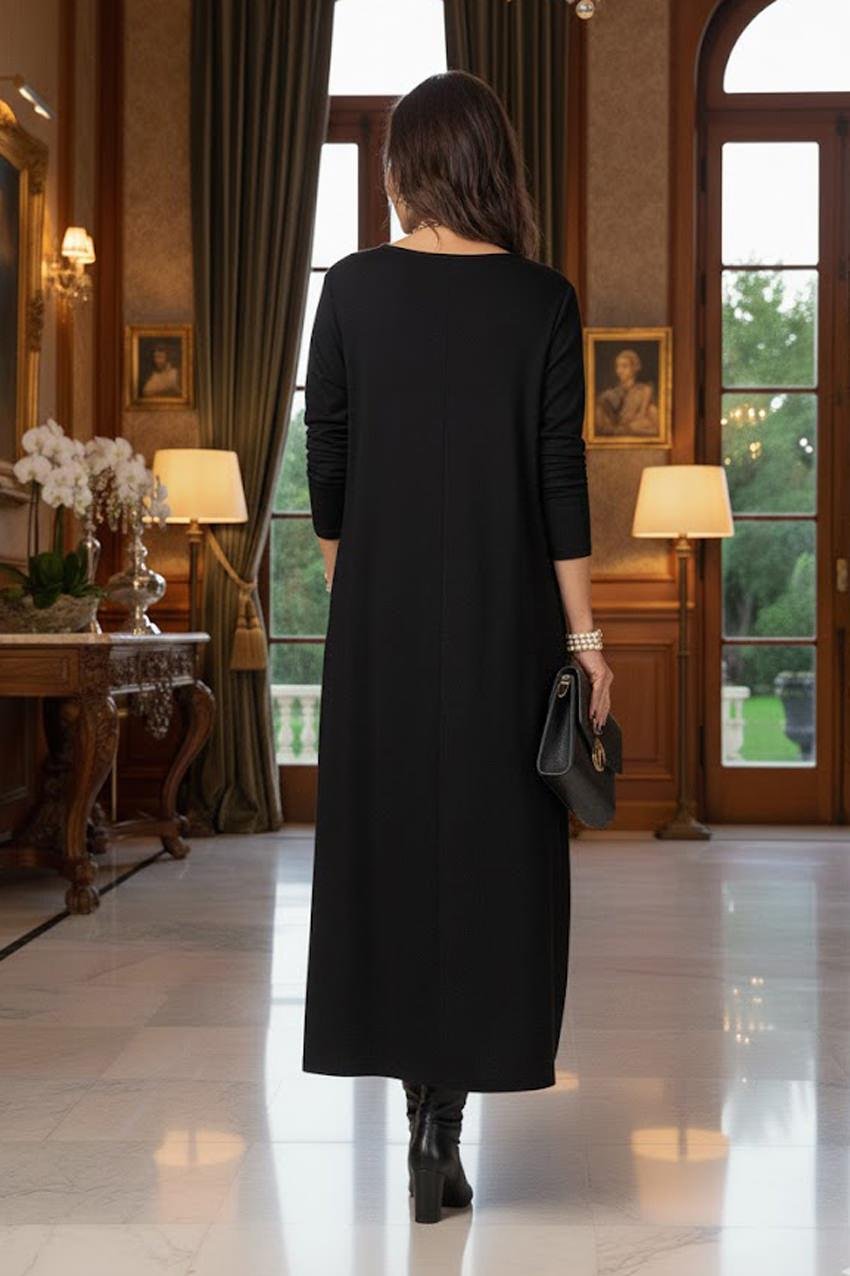 Siyah Gizli Cepli İnce Gösteren Tok Penye Elbise