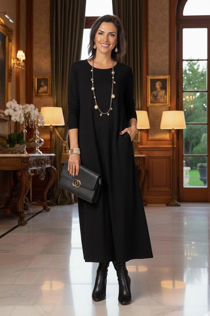 Siyah Gizli Cepli İnce Gösteren Tok Penye Elbise