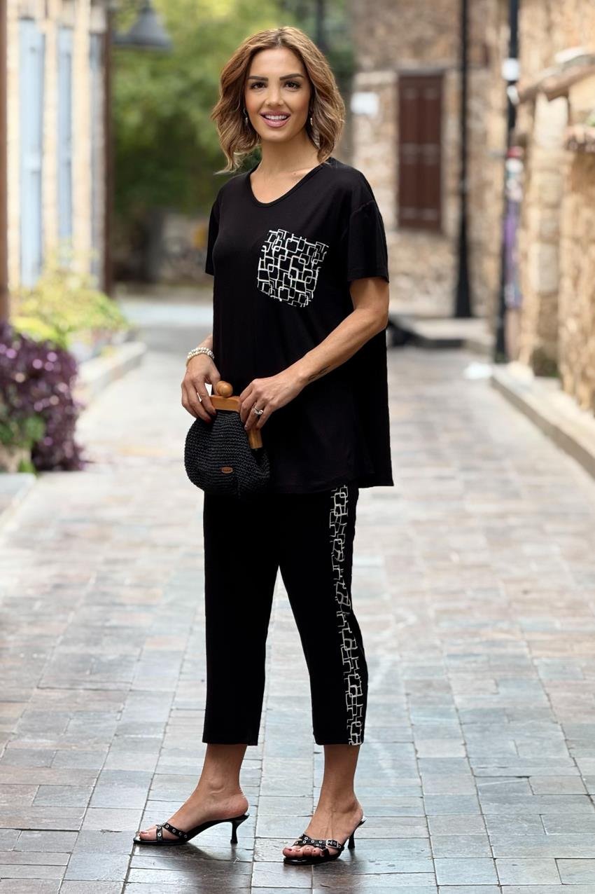 Siyah Göğsü Cepli Pamuklu Kapri Takım