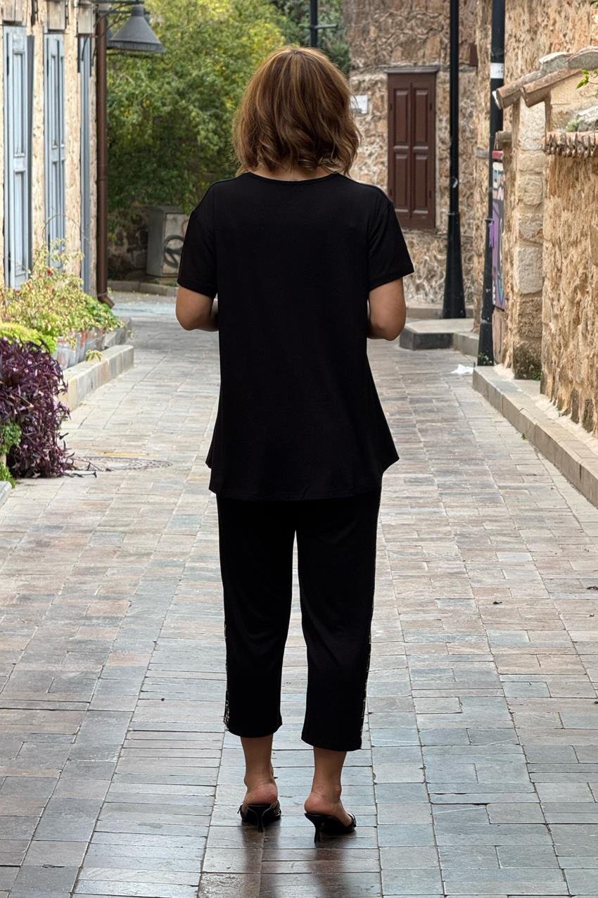 Siyah Göğsü Cepli Pamuklu Kapri Takım