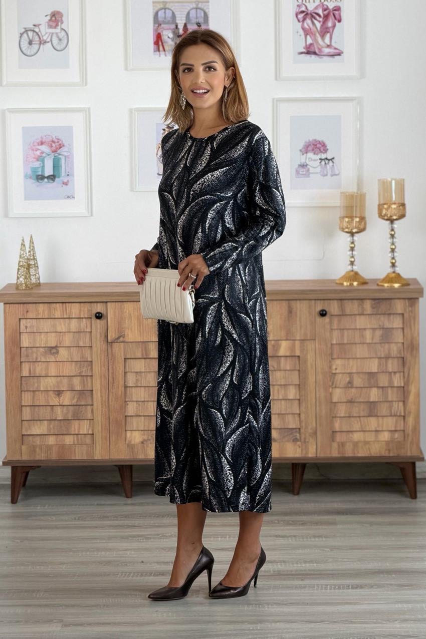 Siyah Gri Yaprak Desenli Zımparalı Süet Elbise