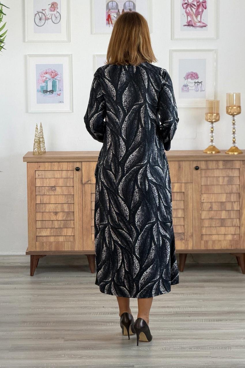 Siyah Gri Yaprak Desenli Zımparalı Süet Elbise