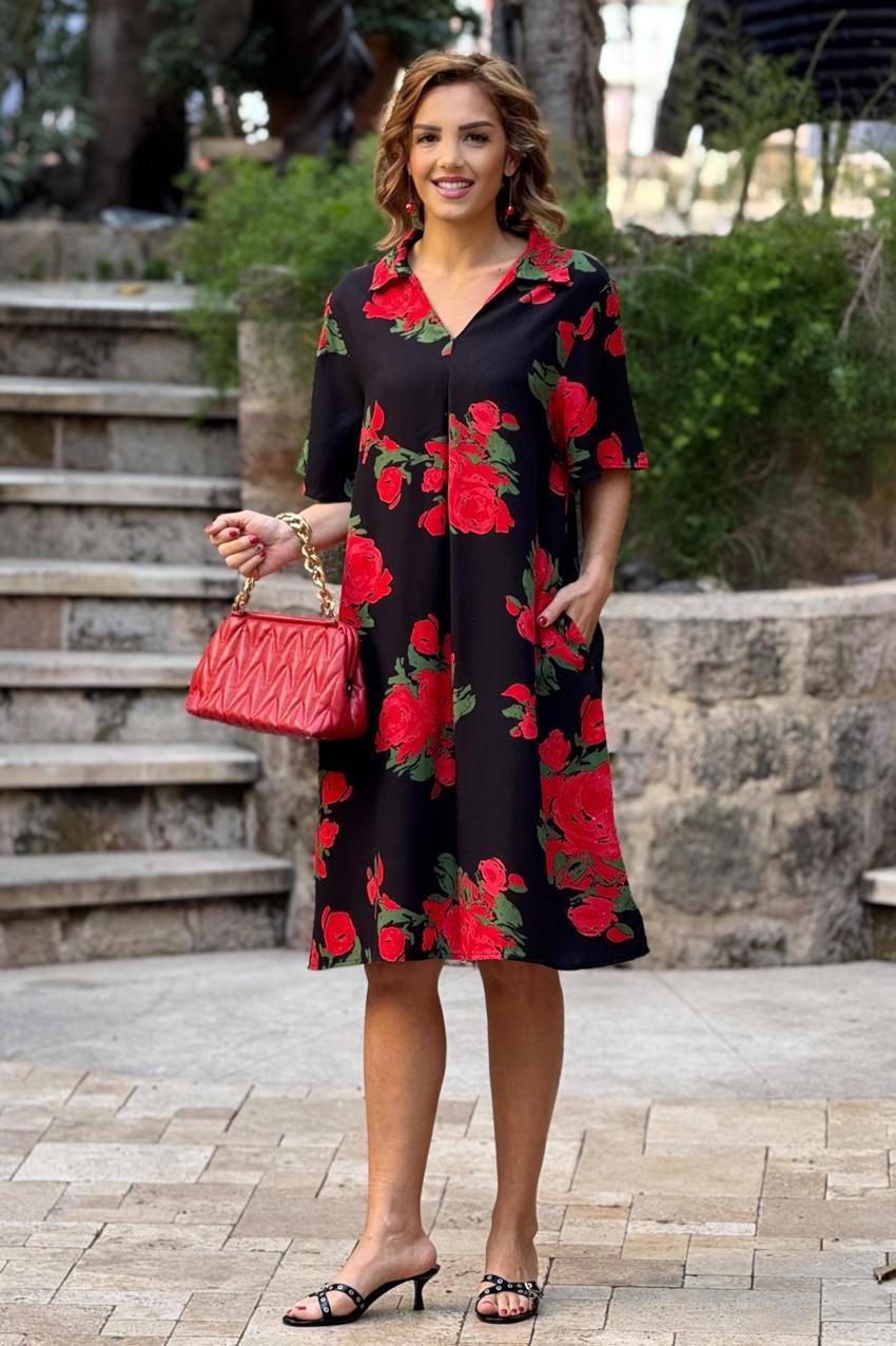 Siyah Gül Desen Gömlek Yaka %100 Pamuk Viskon Elbise