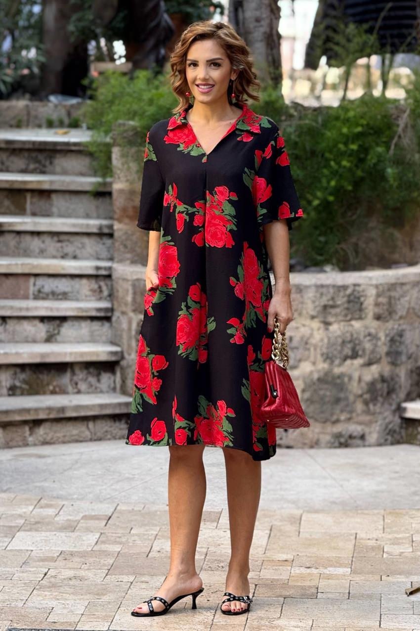 Siyah Gül Desen Gömlek Yaka %100 Pamuk Viskon Elbise