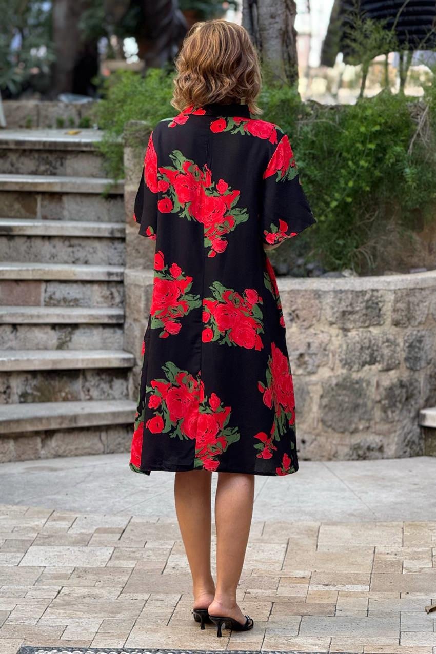 Siyah Gül Desen Gömlek Yaka %100 Pamuk Viskon Elbise