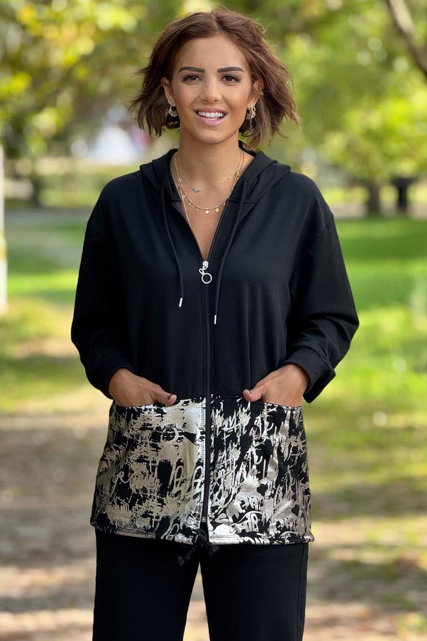 Siyah Gümüş Varaklı %100 Pamuk Eşofman Takımı