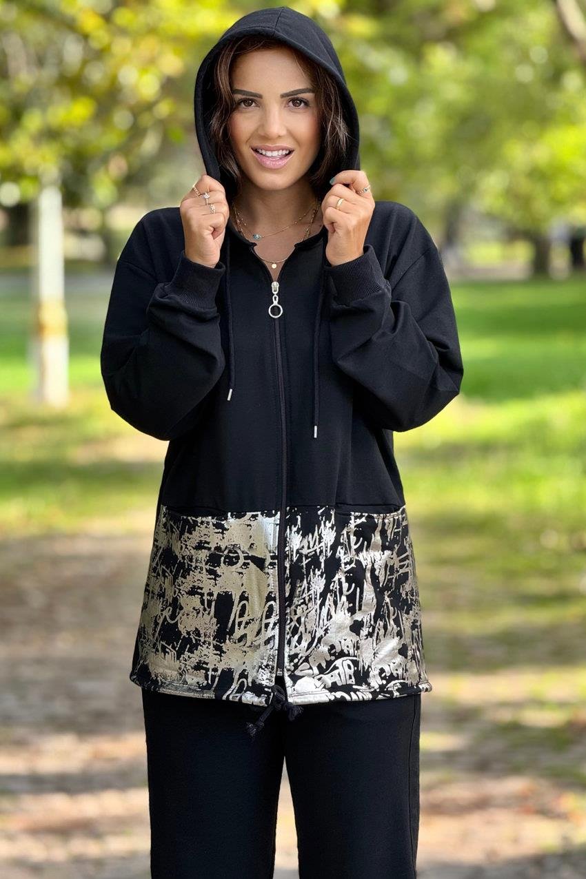 Siyah Gümüş Varaklı %100 Pamuk Eşofman Takımı