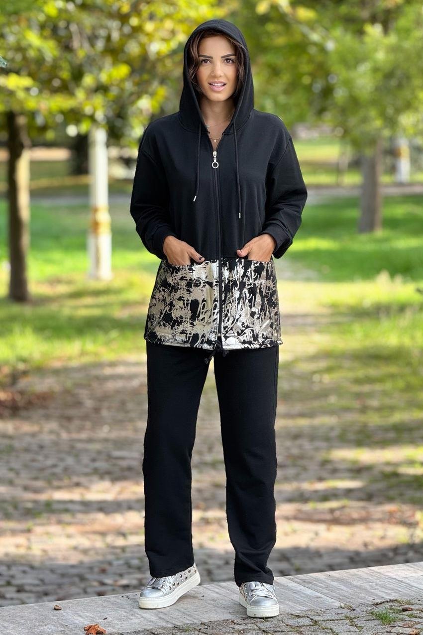 Siyah Gümüş Varaklı %100 Pamuk Eşofman Takımı