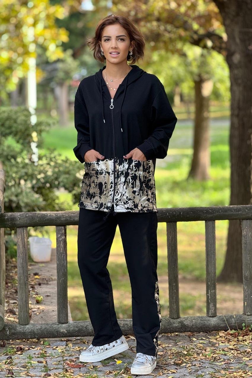 Siyah Gümüş Varaklı %100 Pamuk Eşofman Takımı