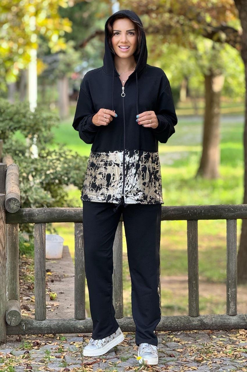 Siyah Gümüş Varaklı %100 Pamuk Eşofman Takımı
