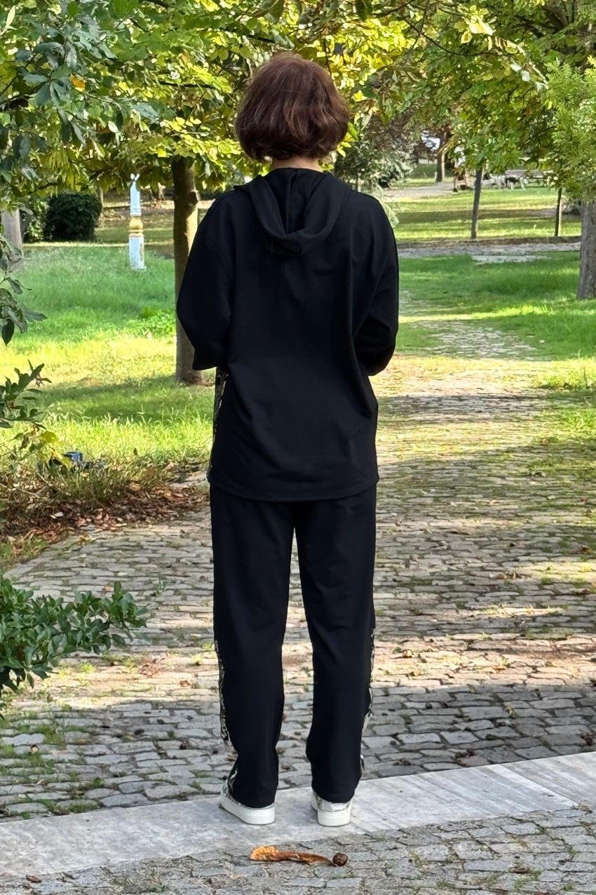 Siyah Gümüş Varaklı %100 Pamuk Eşofman Takımı