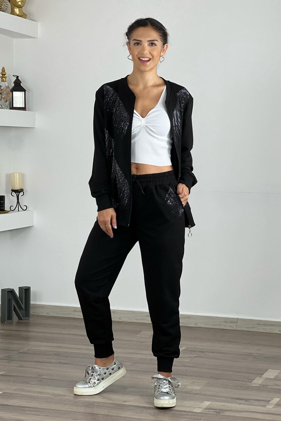 Siyah Havai Taşlı %100 Pamuk Eşofman Takım