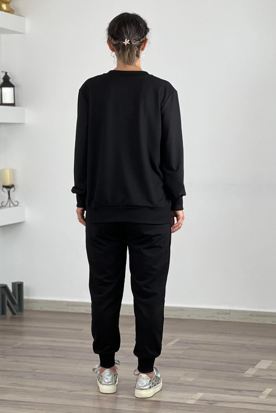 Siyah Havai Taşlı %100 Pamuk Eşofman Takım