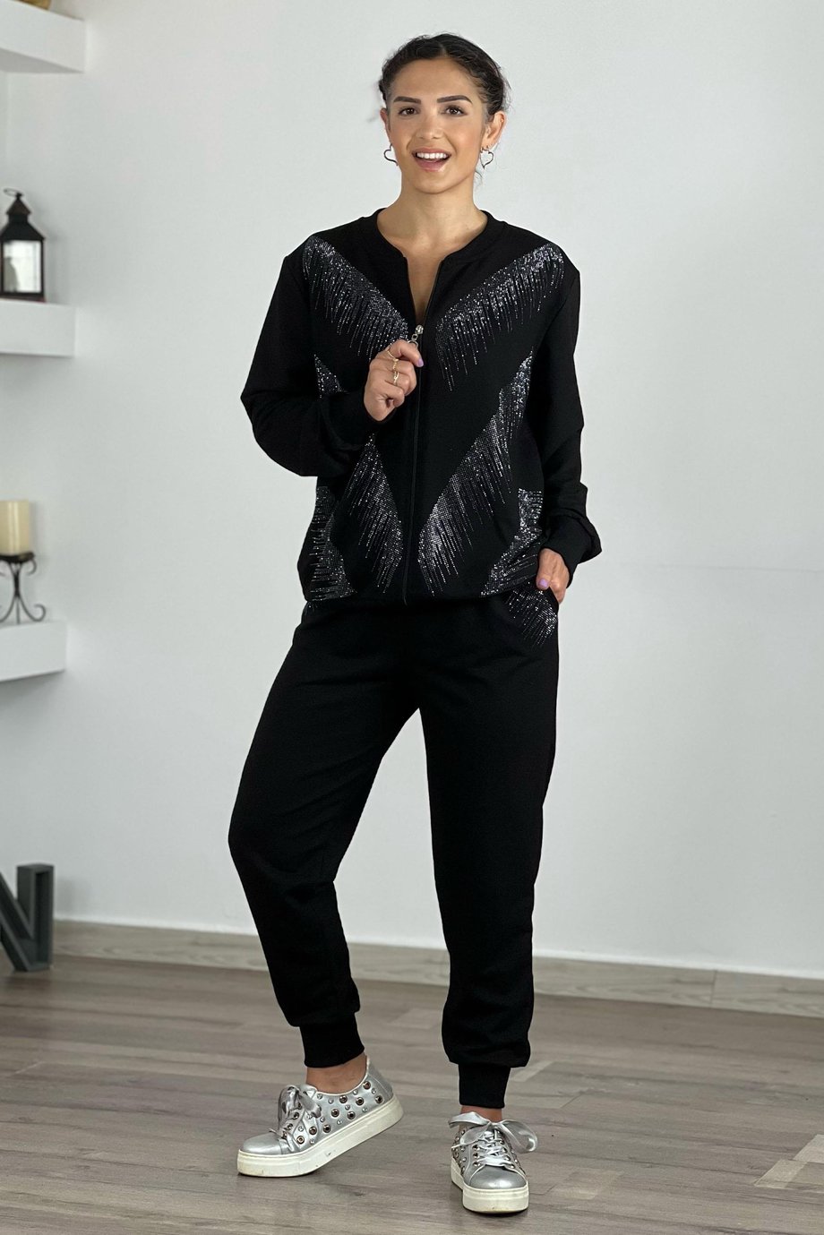 Siyah Havai Taşlı %100 Pamuk Eşofman Takım