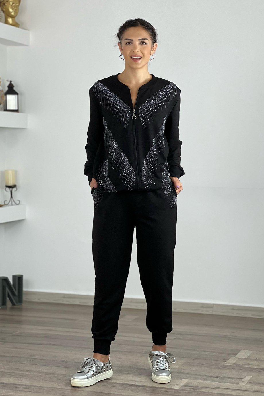 Siyah Havai Taşlı %100 Pamuk Eşofman Takım