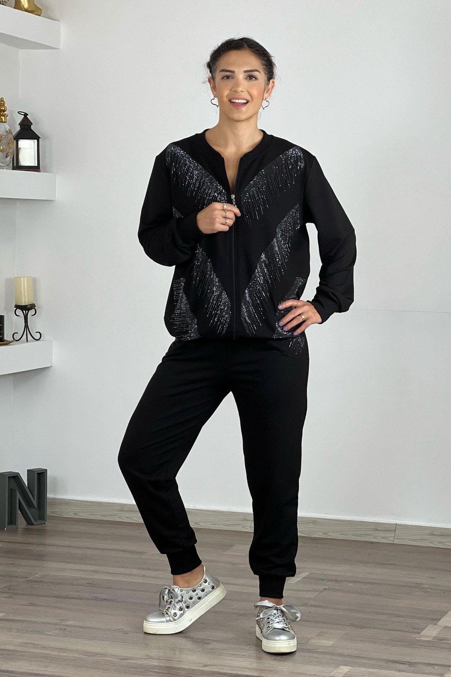 Siyah Havai Taşlı %100 Pamuk Eşofman Takım