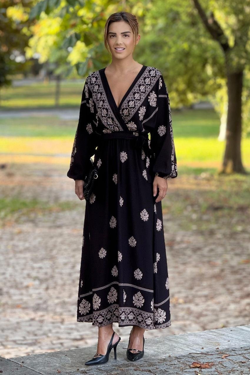 Siyah Hint Motifli Kruvaze Yaka Elbise