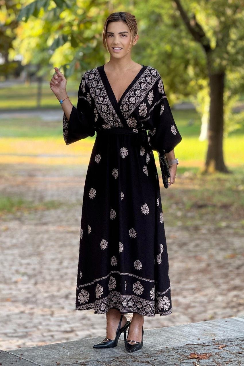 Siyah Hint Motifli Kruvaze Yaka Elbise
