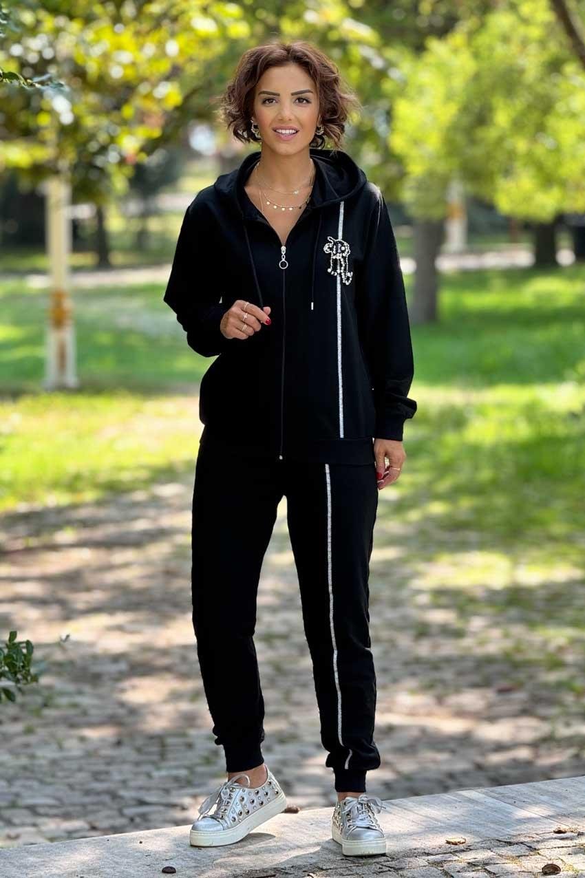 Siyah İnci İşlemeli %100 Pamuk Eşofman Takımı