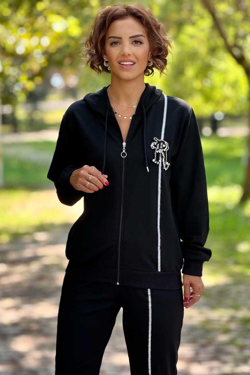 Siyah İnci İşlemeli %100 Pamuk Eşofman Takımı