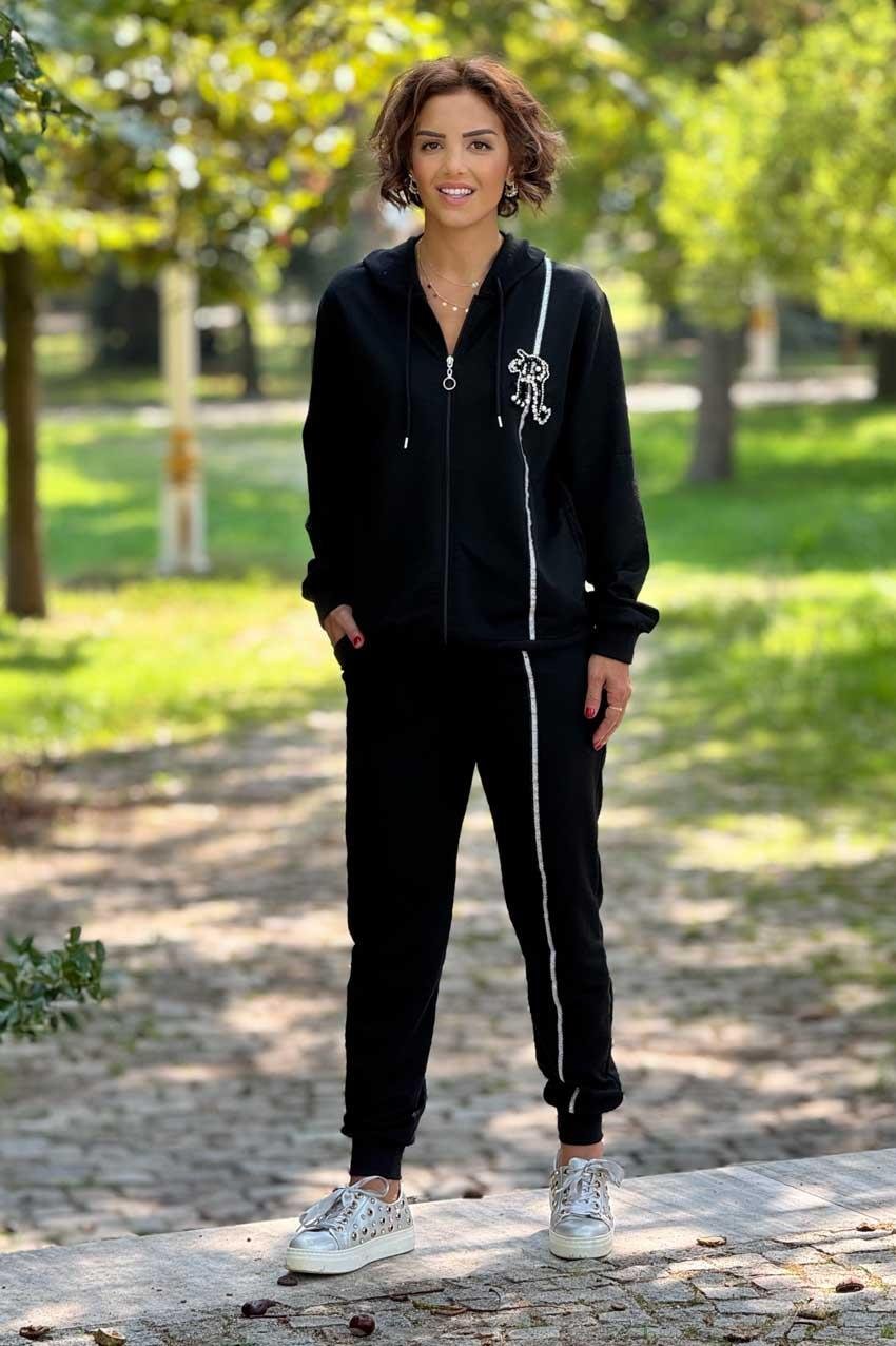 Siyah İnci İşlemeli %100 Pamuk Eşofman Takımı