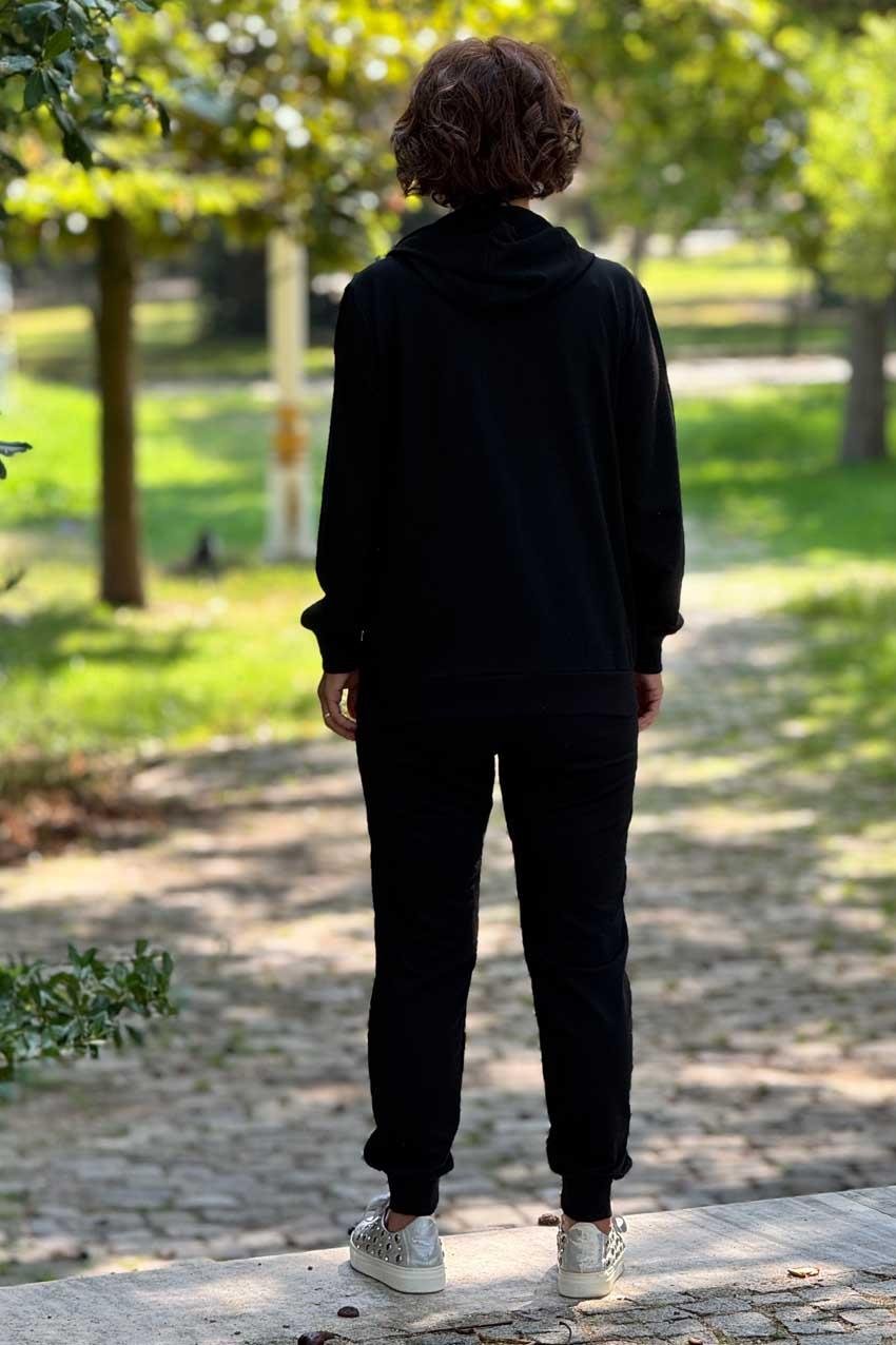 Siyah İnci İşlemeli %100 Pamuk Eşofman Takımı