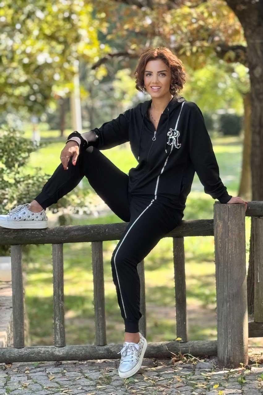 Siyah İnci İşlemeli %100 Pamuk Eşofman Takımı