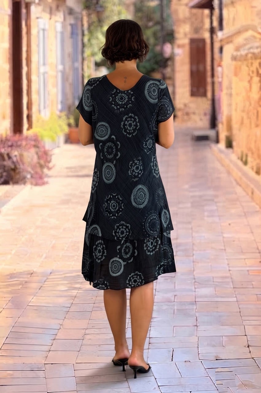 Siyah İtalyan Mandala Desenli %100 Pamuk Elbise