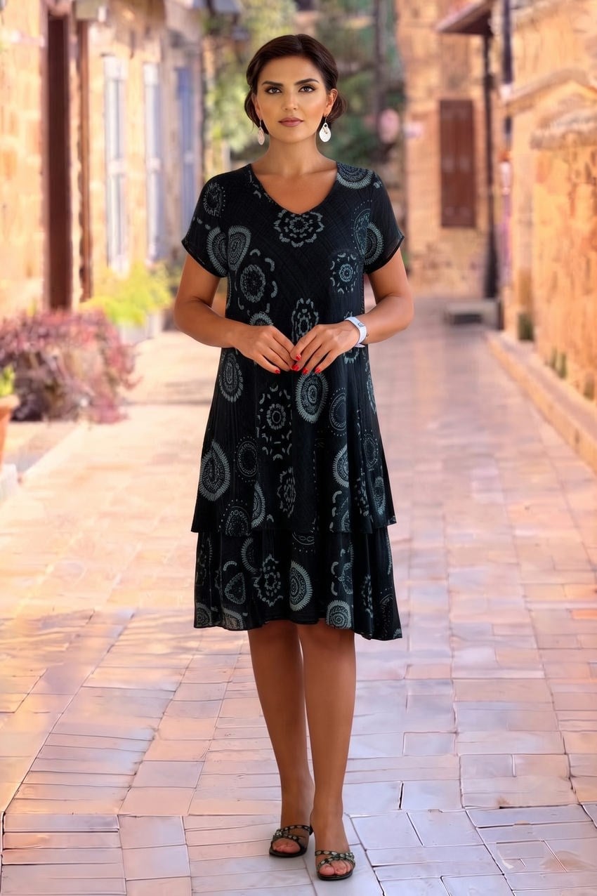 Siyah İtalyan Mandala Desenli %100 Pamuk Elbise