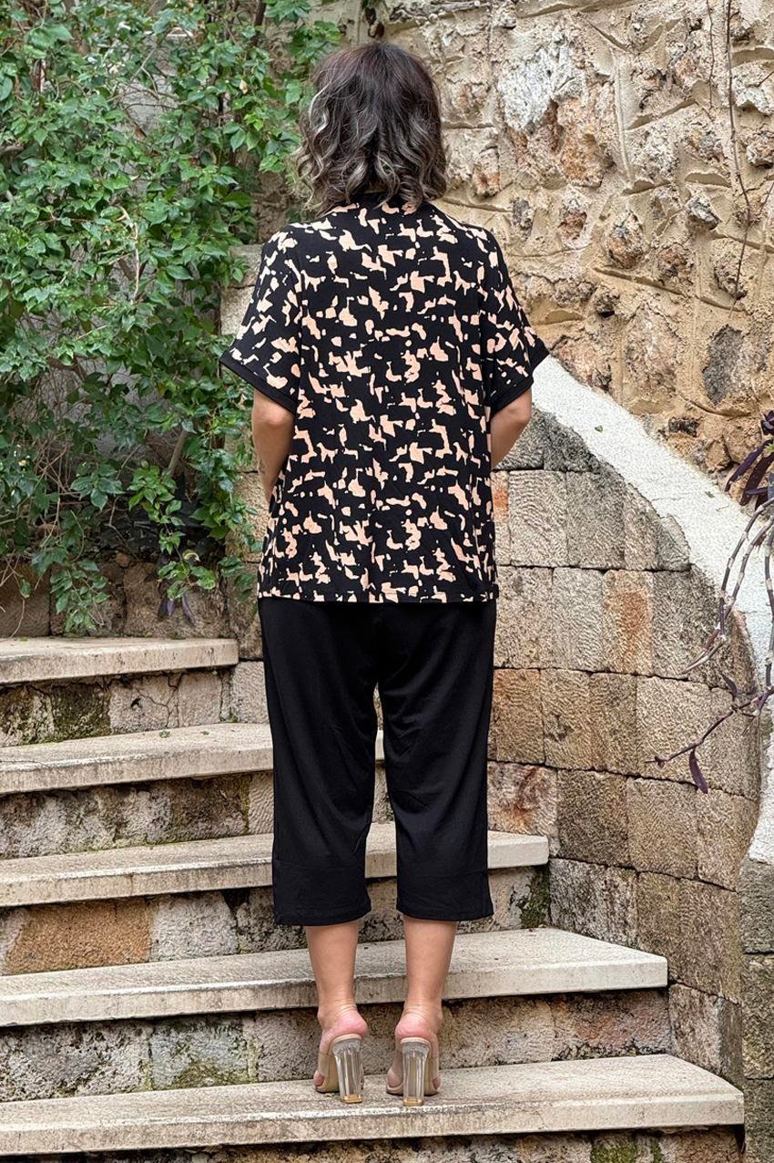 Siyah Kahverengi Taş Desenli Pamuklu Kapri Takım