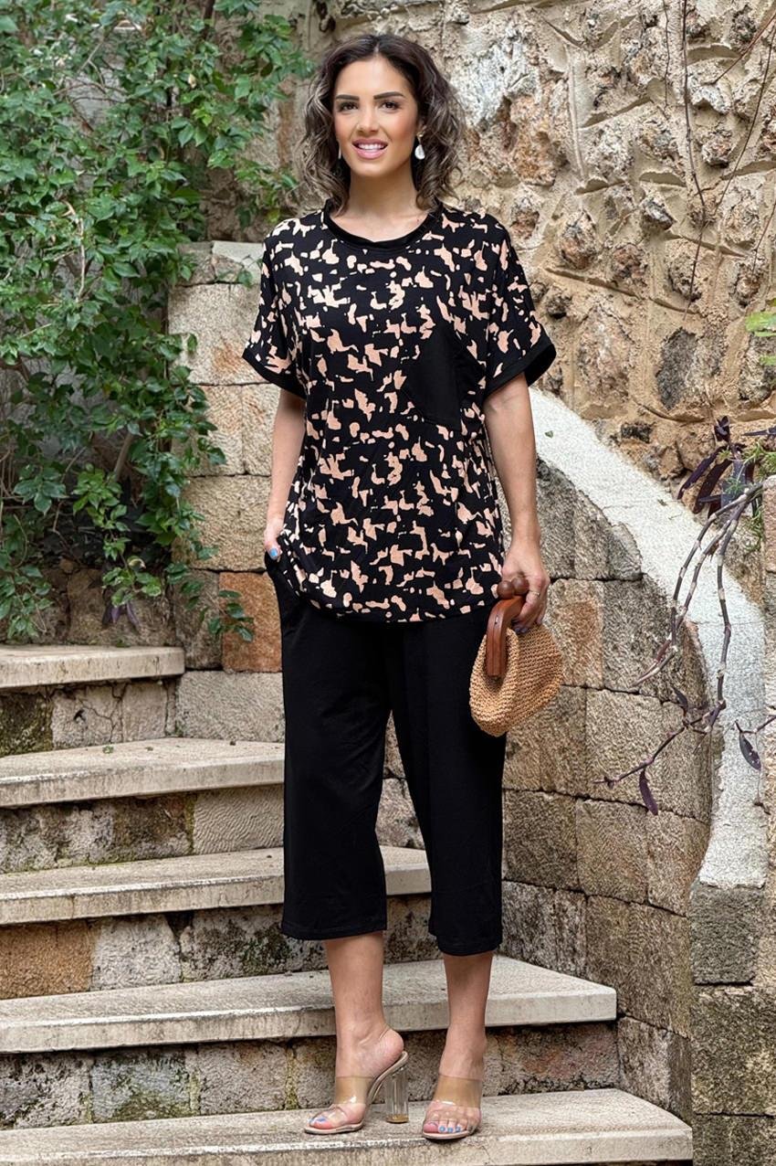 Siyah Kahverengi Taş Desenli Pamuklu Kapri Takım