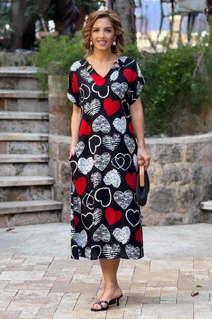 Siyah Kalpli Halka Detaylı %100 Pamuk Viskon Elbise