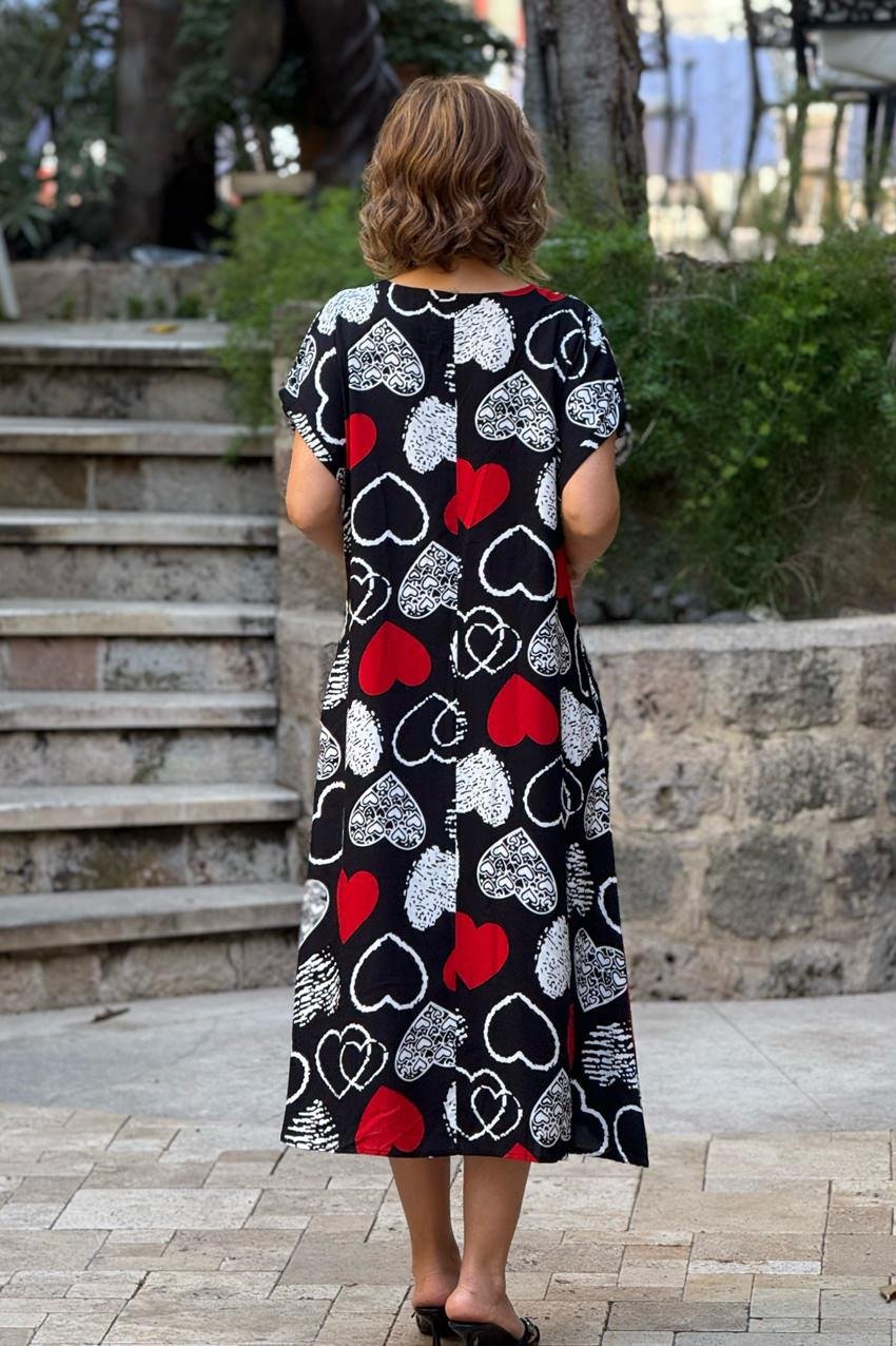 Siyah Kalpli Halka Detaylı %100 Pamuk Viskon Elbise