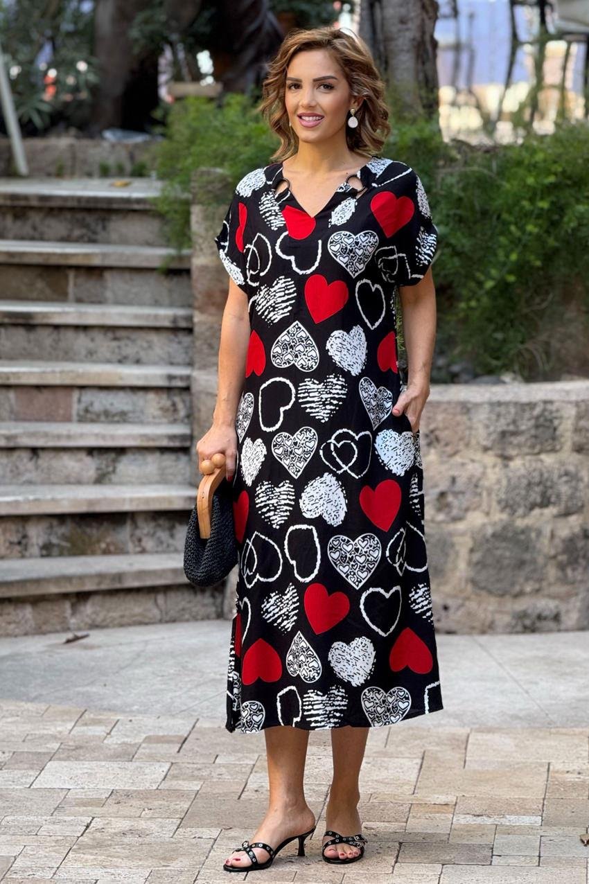 Siyah Kalpli Halka Detaylı %100 Pamuk Viskon Elbise