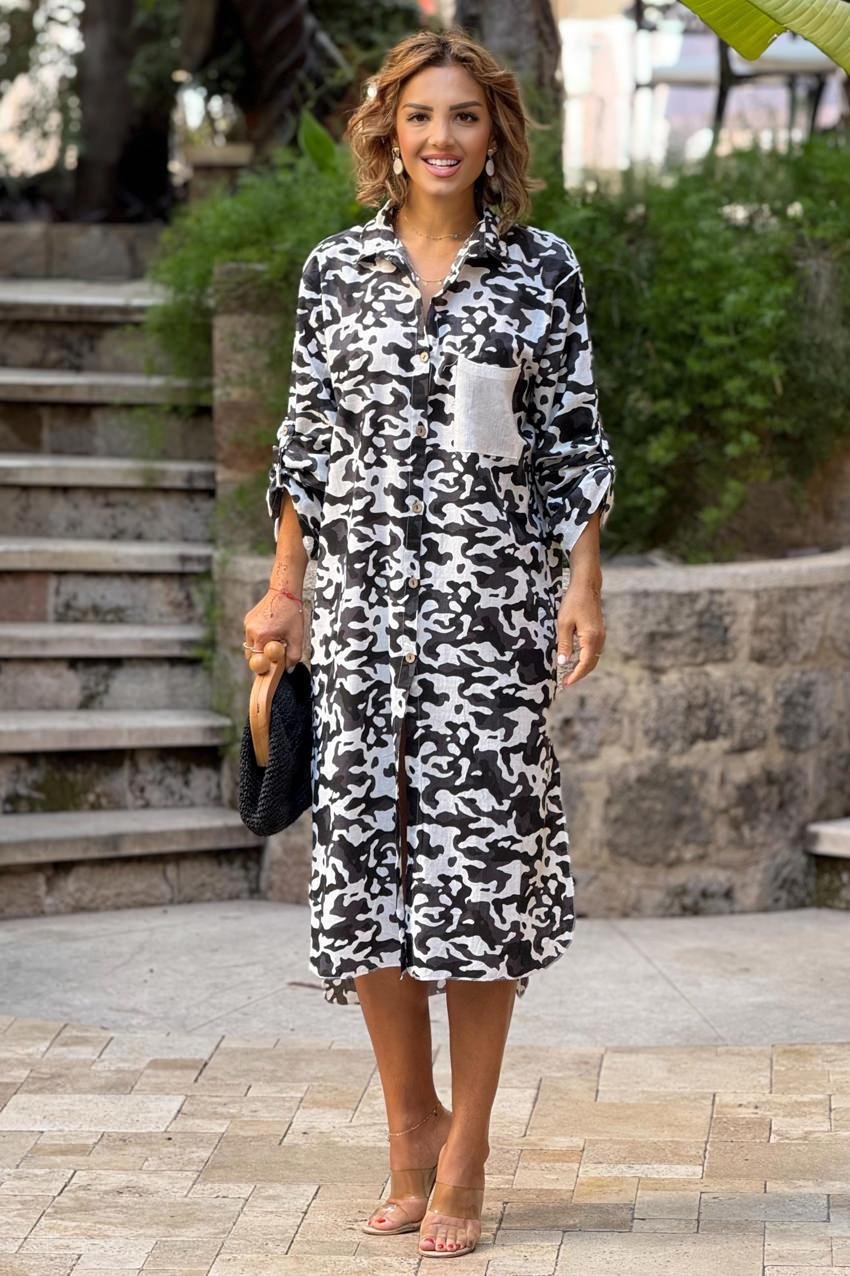 Siyah Kamuflaj Gömlek Elbise %100 Pamuk