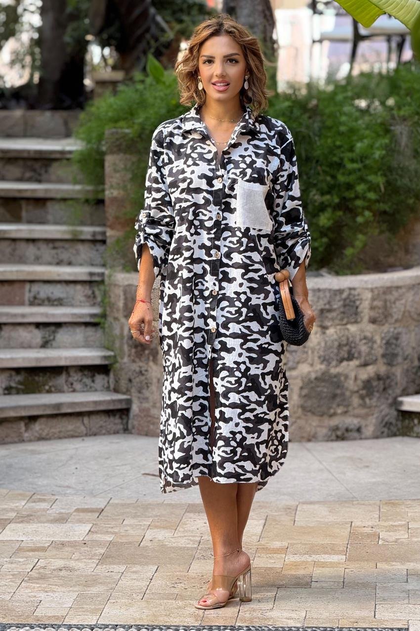 Siyah Kamuflaj Gömlek Elbise %100 Pamuk