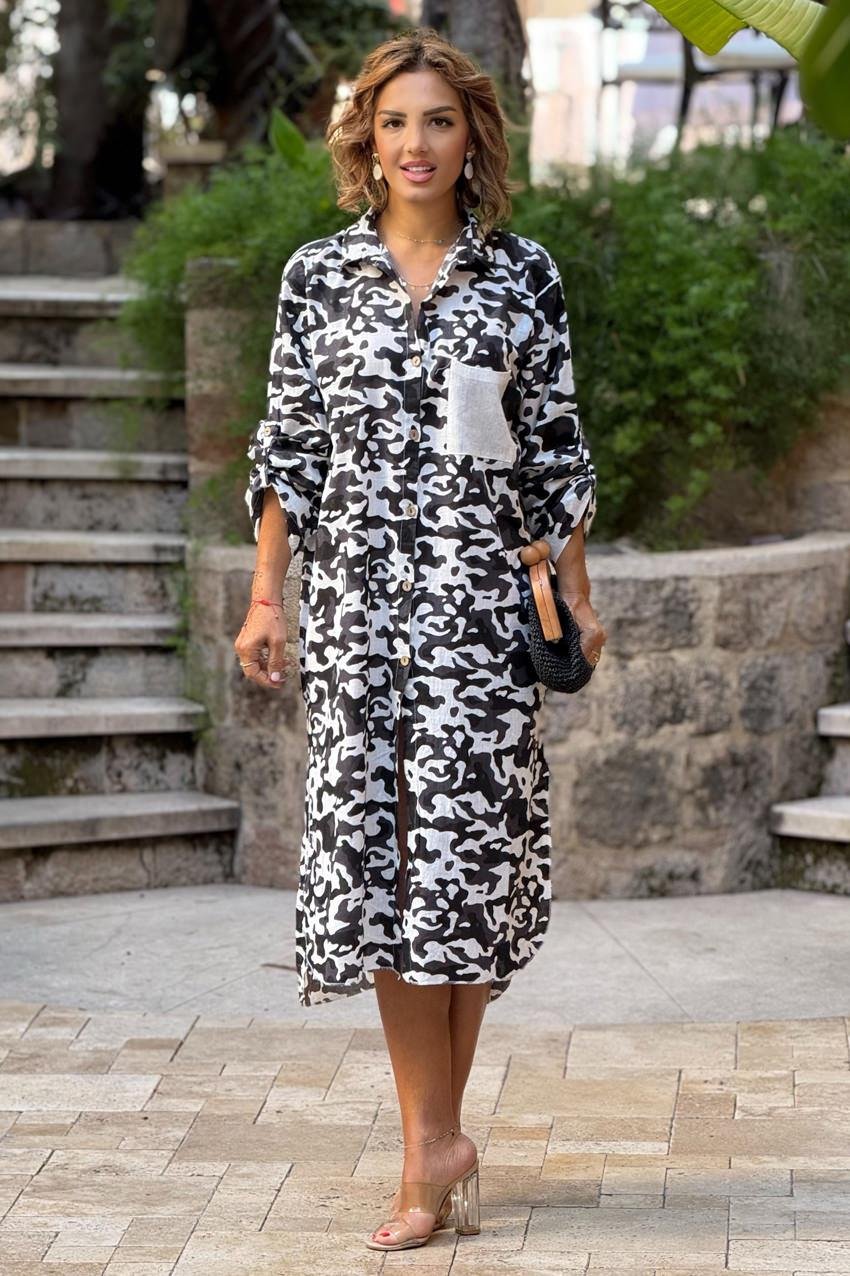 Siyah Kamuflaj Gömlek Elbise %100 Pamuk