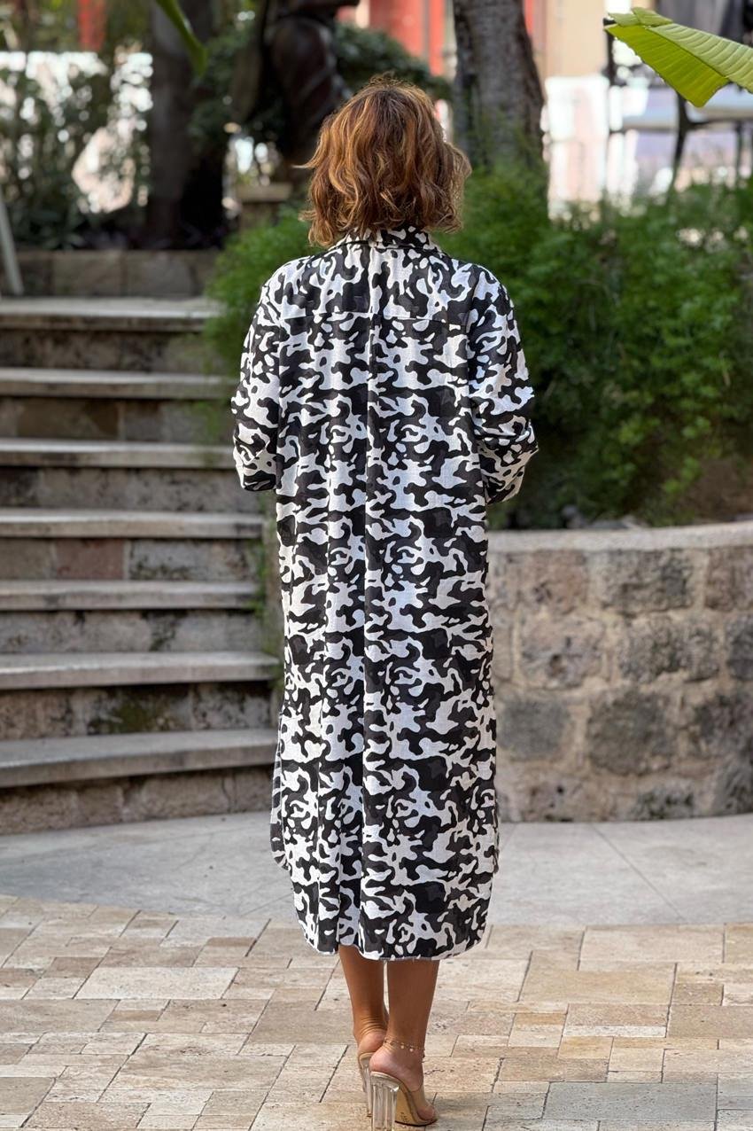 Siyah Kamuflaj Gömlek Elbise %100 Pamuk
