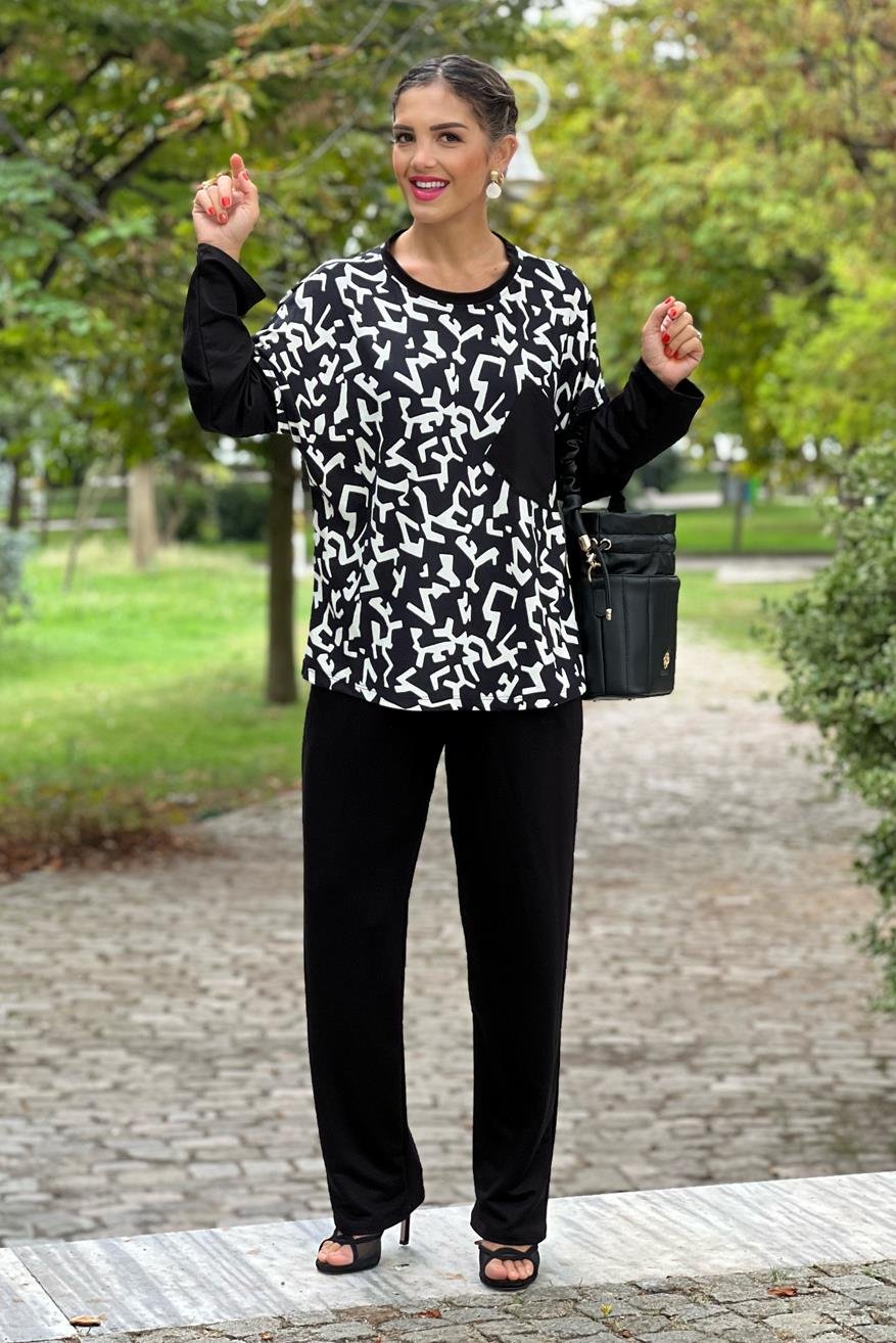 Siyah Kartanesi Pantılon Bluz İkili Takım