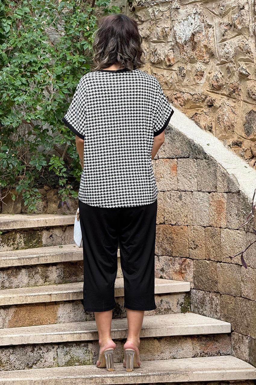 Siyah Kazayağı Desenli Pamuklu Kapri Takım